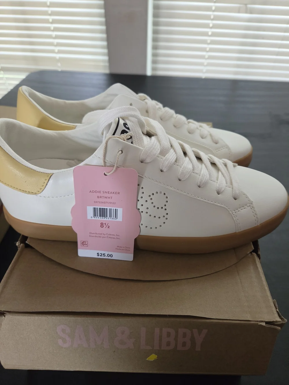 Sam & Libby Women's bright white  Leather Lace-Up Sneakers with Yellow Accent